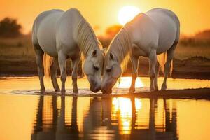 branco cavalos às pôr do sol foto