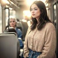 lindo mulher em pé dentro público ônibus transporte, generativo ai foto