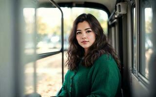 lindo mulher em pé dentro público ônibus transporte, generativo ai foto