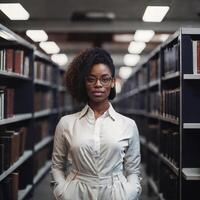 lindo africano americano Preto mulher com biblioteca dentro fundo, generativo ai foto