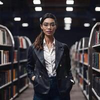 adorável lindo mulher com biblioteca dentro fundo, generativo ai foto