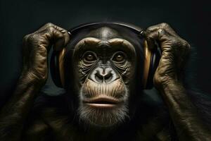 chimpanzé ouvindo para música - generativo ai foto