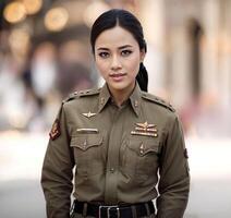 foto do ásia mulher dentro tailandês polícia Policial uniforme, generativo ai