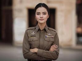 foto do ásia mulher dentro tailandês polícia Policial uniforme, generativo ai