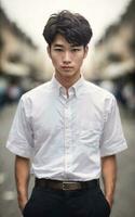 tailandês pessoas dentro Tailândia técnico Faculdade uniforme branco camisa e calça, generativo ai foto