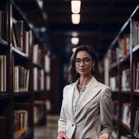 adorável lindo mulher com biblioteca dentro fundo, generativo ai foto