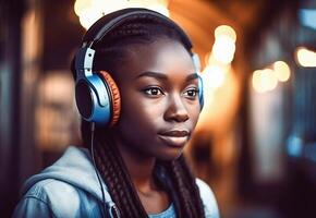 ai generativo. uma jovem menina escuta para música dentro fones de ouvido. foto