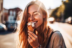 ai generativo. feliz mulher comendo gelo creme dentro uma cone em a rua foto