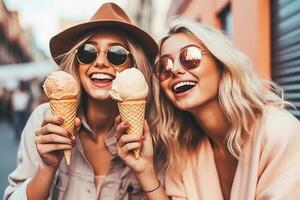 ai generativo. feliz mulheres comendo gelo creme dentro uma cone em a rua foto