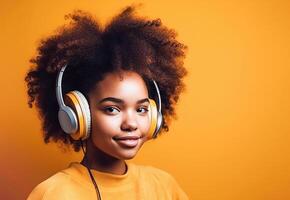 ai generativo. uma jovem menina escuta para música dentro fones de ouvido. foto