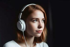 ai generativo. uma jovem caucasiano menina escuta para música dentro fones de ouvido. foto