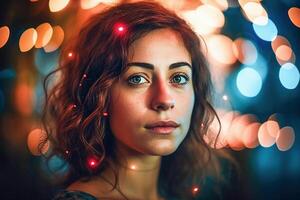 ai generativo. retrato do uma lindo menina em uma fundo com bokeh foto