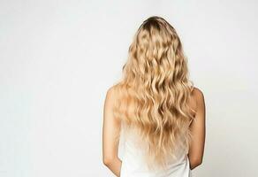 ai generativo. traseiro Visão do uma menina com lindo grandes Loiras cabelo. foto