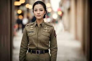 foto do ásia mulher dentro tailandês polícia Policial uniforme, generativo ai