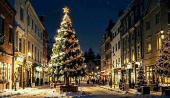 ao ar livre Natal decorações e uma belas decorado Natal árvore ai gerado foto