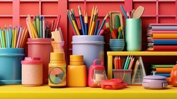 frente Visão do costas para escola papelaria com lápis e cadernos. generativo ai foto