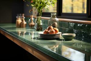 à moda cozinha ostentação uma sábio verde contador gabinete, indução, e natural luz ai gerado foto