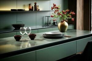 lustroso, luxuoso cozinha com sábio verde contador gabinete, afundar, e indução ai gerado foto