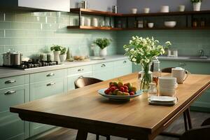moderno, de luxo cozinha apresentando uma sábio verde contador gabinete e indução ai gerado foto
