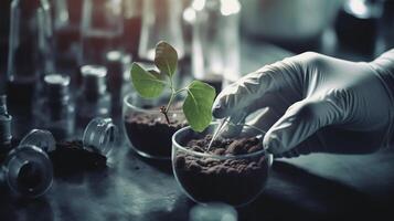 jovem mulher biólogo olhando às colecionar estude plantar em formação dentro agricultura Fazenda. agrícola Ciência concept.ai gerado foto