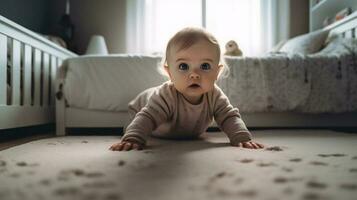 fofa pequeno bebê menina rastejando em a chão dentro dela sala.ai gerar foto