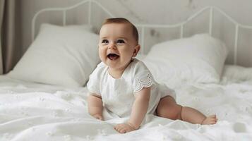 alegre bebê dentro branco roupas deitado em cama e olhando às camera.ai gerar foto