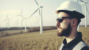 retrato do uma jovem engenheiro dentro uma branco capacete e óculos em a fundo do vento turbinas.ai gerar foto