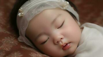 retrato do fofa ásia bebê menina dormindo em a cama.ai gerar foto