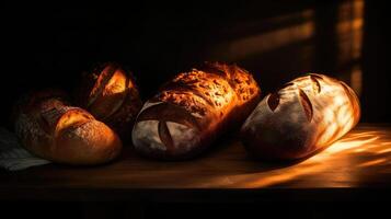 delicioso aroma do recentemente cozido pão, generativo ai foto