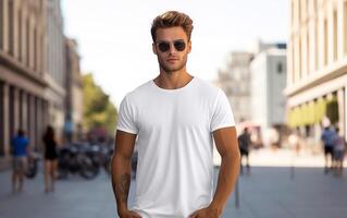 atraente jovem homem dentro em branco branco camiseta para brincar. Projeto camiseta modelo e brincar para branding ou imprimir. generativo ai. foto