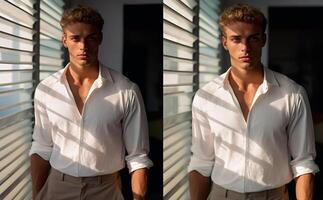 atraente jovem homem dentro em branco branco camisa para brincar. Projeto camisa modelo e brincar para branding ou imprimir. generativo ai. foto