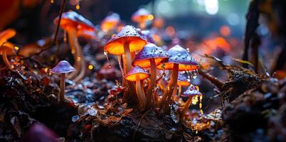 fantástico cogumelos crescendo em uma tronco dentro a floresta. Magia cogumelos dentro néon luzes. ai gerado foto