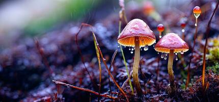 fantástico cogumelos dentro roxa surreal claro. Magia cogumelos dentro néon claro. ai gerado foto