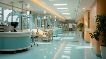 interior projeto do uma moderno médico Centro, natural iluminação. hospital projeto ideia. ai gerado foto