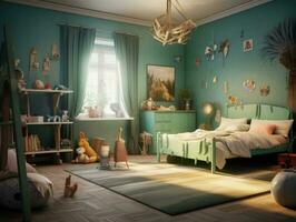 acolhedor azul criança quarto com brinquedo e Diversão decoração. generativo ai foto