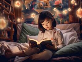 fofa ásia menina lendo livro antes cama Tempo dentro acolhedor quarto. generativo ai foto