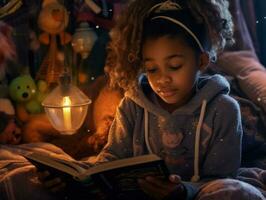 adorável Preto menina lendo livro antes cama Tempo dentro acolhedor quarto. generativo ai foto