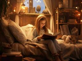 bonita menina lendo livro antes cama Tempo dentro acolhedor quarto. generativo ai foto