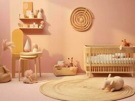 moderno Rosa colorida criança pequena quarto com decoração. generativo ai foto