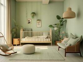 acolhedor verde criança pequena quarto com berço cama e decoração. generativo ai foto
