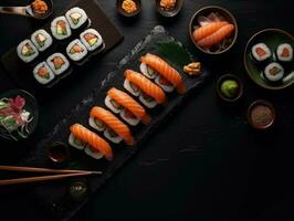 lindo Sushi prato em Preto placa, japonês famoso refeição. generativo ai foto