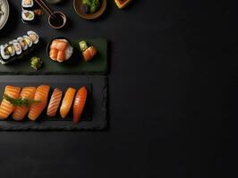 lindo Sushi prato em Preto placa, japonês famoso refeição. generativo ai foto