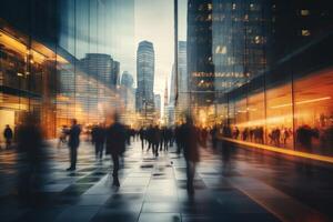 multidões do ocupado pessoas caminhando pendulares dentro a cidade, luzes e movimento borrão abstrato. ai generativo foto