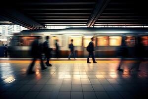 uma trem estação metrô com borrado movimento e caminhando pessoas, generativo ai foto