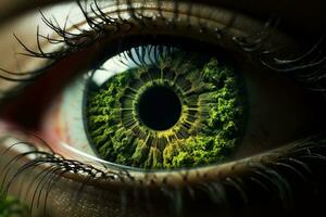 uma fechar acima do uma pessoas olho com uma verde floresta e uma Preto círculo dentro a Centro do a íris do a olho. generativo ai foto