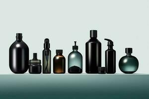 ilustração do vários Preto garrafas e Cosmético containers, generativo ai foto