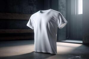 contemporâneo e limpar, 3d esvaziar branco camiseta brincar com lustroso estilo,3d render ai gerado foto