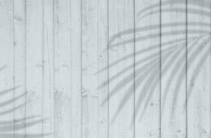 folhas sombra em branco madeira textura do mesa topo fundo, lavado velho de madeira textura com Palma folhas sombra, madeira cerca listrado superfície com luz solar, pano de fundo bandeira para produtos exibição apresentação foto