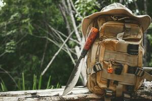 uma faca mochila com equipamento para sobrevivência dentro a floresta em a velho madeira de madeira foto