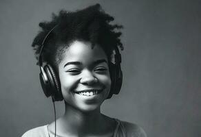 ai generativo. uma jovem menina escuta para música dentro fones de ouvido. foto